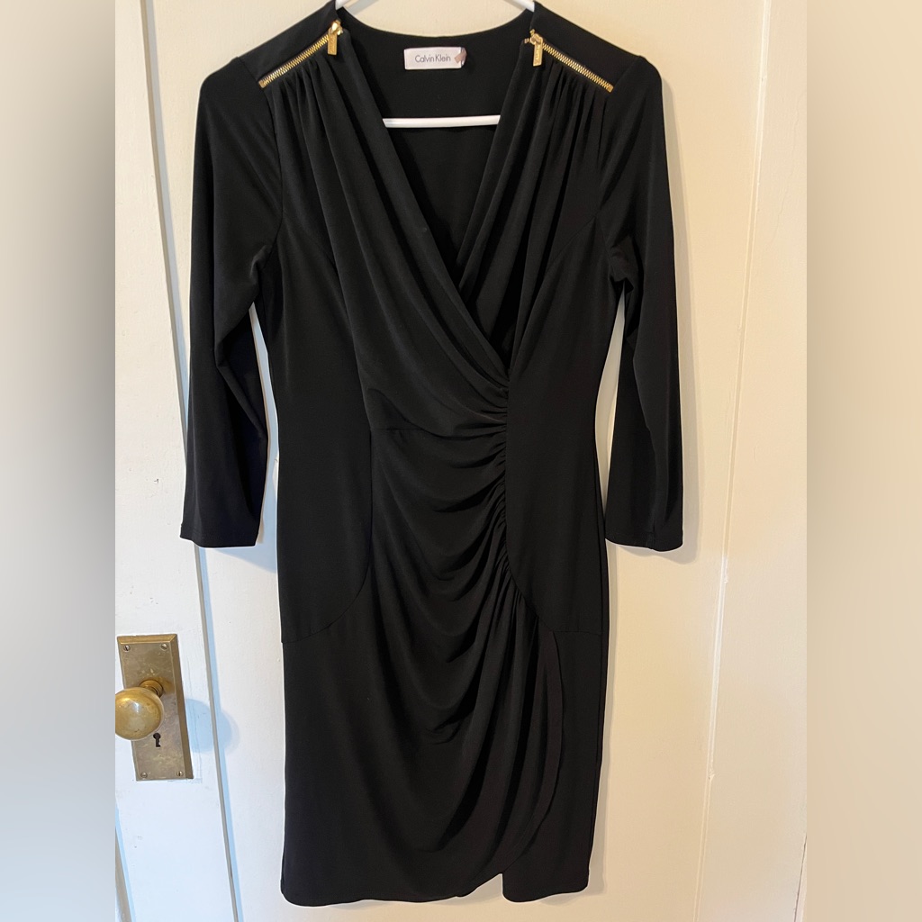 Calvin Klein Faux Wrap Style Black Dress. Gold Zipper Accents